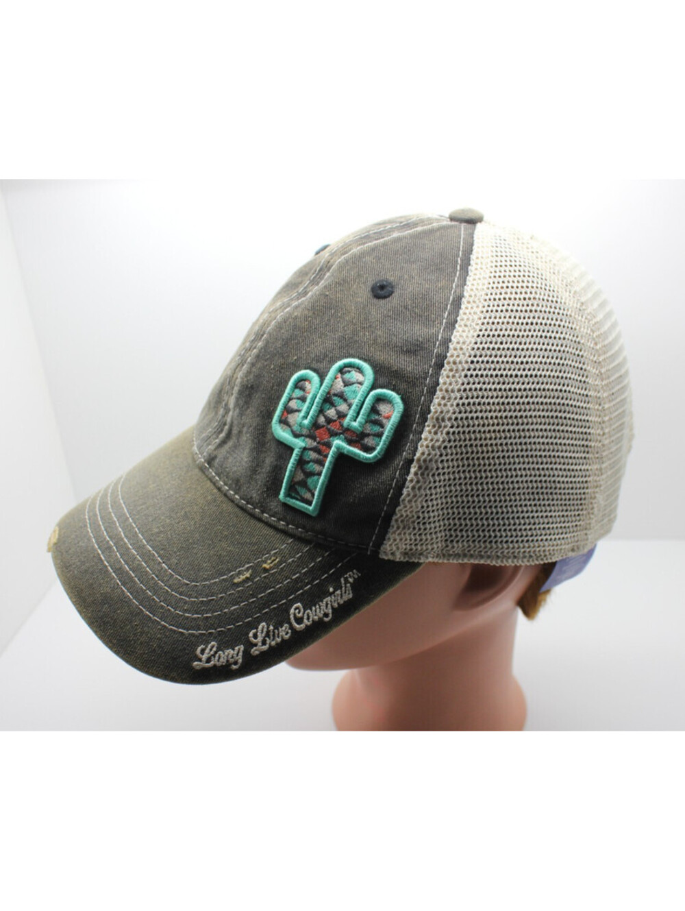 Wrangler Wilco Long Live Cowgirls Cactus Trucker Hat Distressed Black Denim Cap